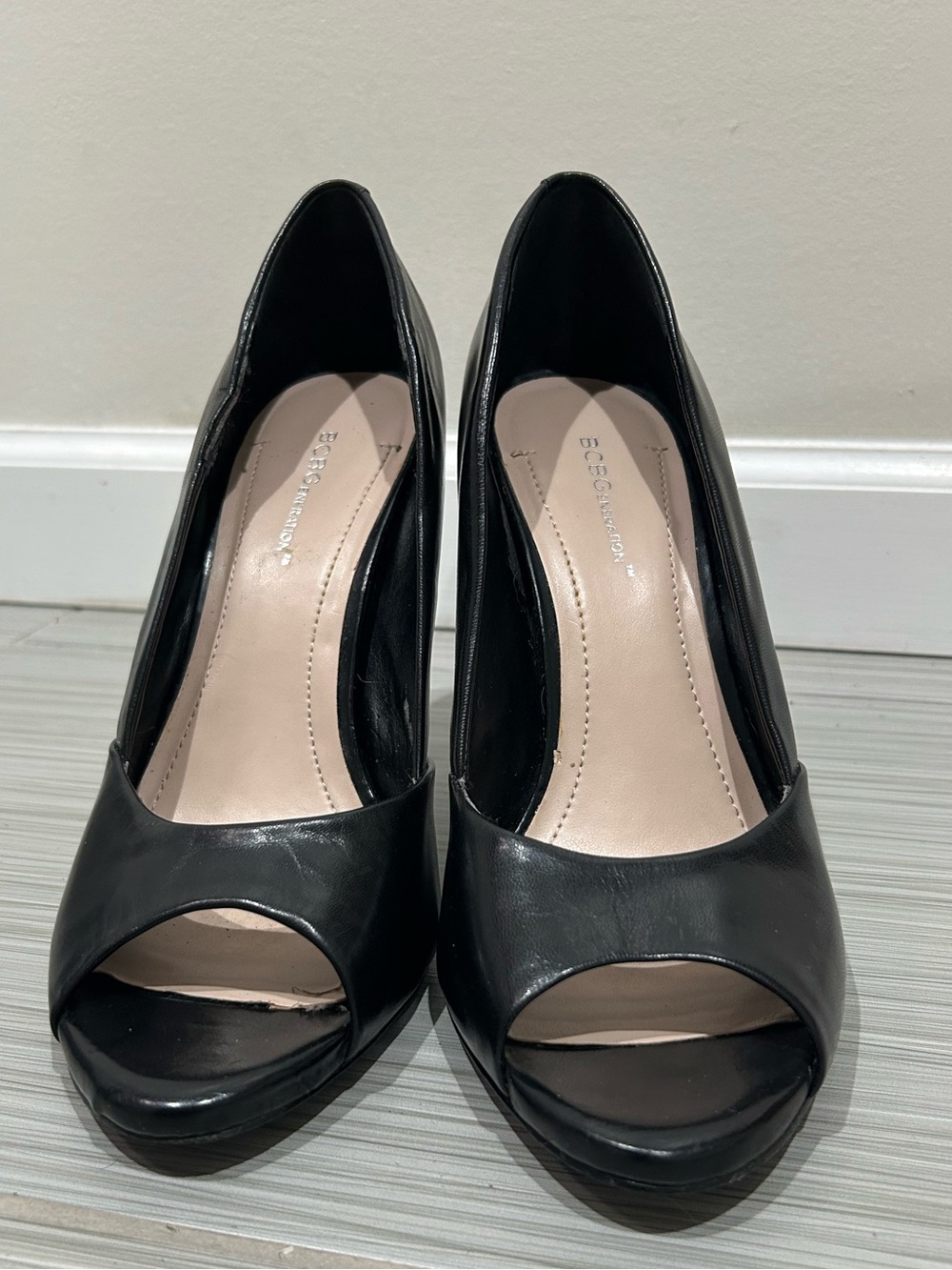 BCBGeneration Black Peep-Toe Leather Pumps